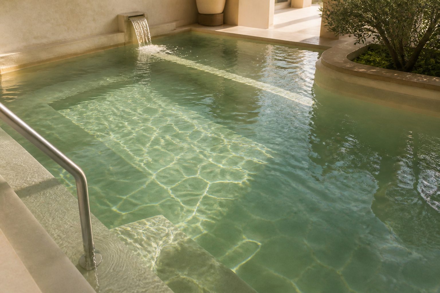 Piscina de hidroterapia y natación terapéutica, agua en tonos sage
